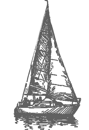 The image depicts a monochrome sketch of a sailboat with its sail fully raised, floating on water. The boat features detailed rigging and reflections.