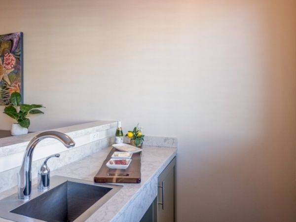 A kitchenette with a marble countertop, sink, and faucet. There's a plant, a small cutting board with items, and wall art in the background.