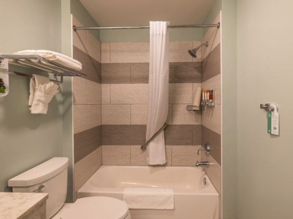 A bathroom with a bathtub, shower, toilet, and towel rack. The shower curtain partially shields the bathtub; toiletries are on a shelf.