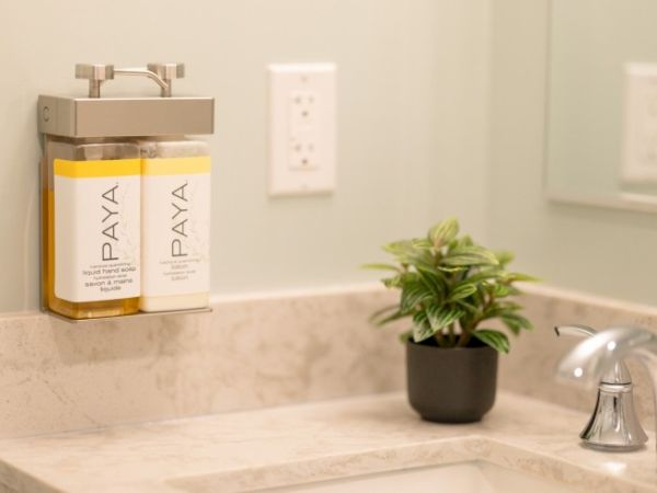 A bathroom counter with soap dispensers, a small potted plant, and a faucet next to a mirror is shown.