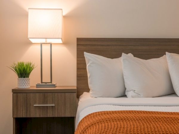 The image shows a cozy bedroom with a wooden headboard, white pillows, an orange blanket, a bedside table, a lamp, and a small plant.