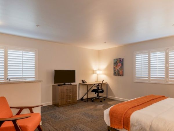 A modern bedroom with a bed, desk, chair, TV, and an orange chair. The room is well-lit with windows and has a stylish, minimalistic decor.