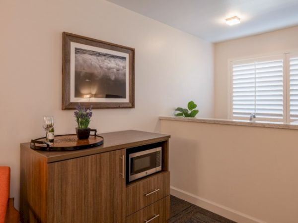 The image shows a room with a wooden cabinet, a microwave, a plant, a glass, and artwork on the wall in a bright setting.