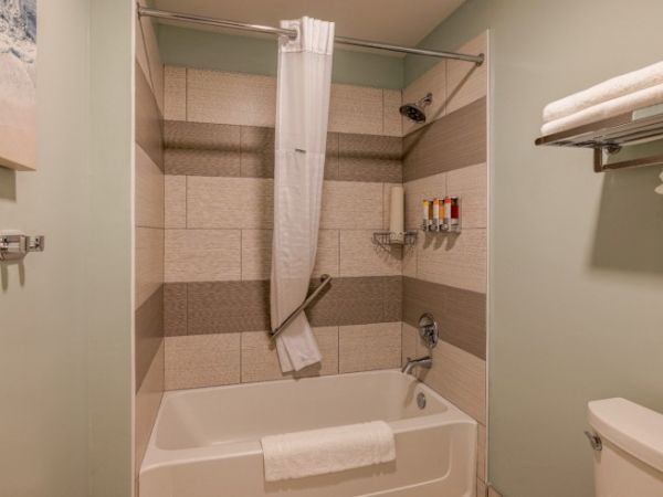 This image shows a bathroom with a bathtub, shower curtain, toiletry dispensers, towel rack, and a toilet.
