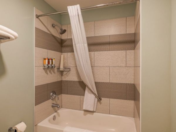 The image shows a bathroom with a bathtub, showerhead, curtain, and wall-mounted toiletries.