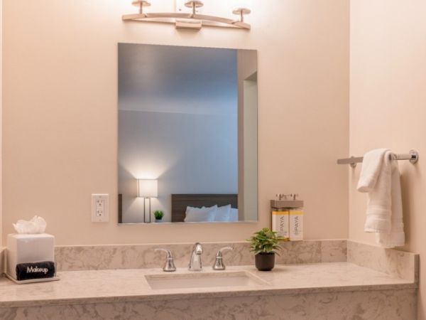 A bathroom with a marble countertop, mirror, sink, tissues, hand towels, and a small plant. A reflection shows a lamp and bed.