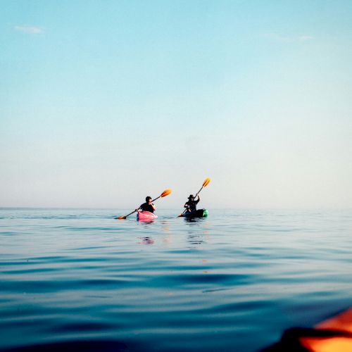 Two people paddle kayaks with bright orange paddles on a calm lake under a clear blue sky.