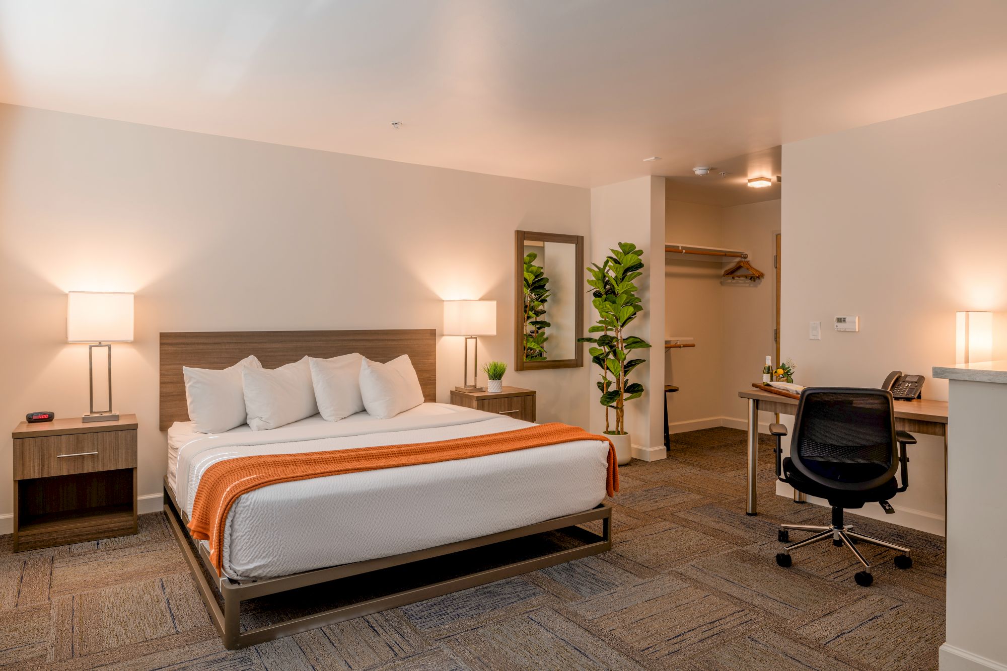 A modern hotel room featuring a bed, nightstands, desk, chair, potted plants, and warm lighting.