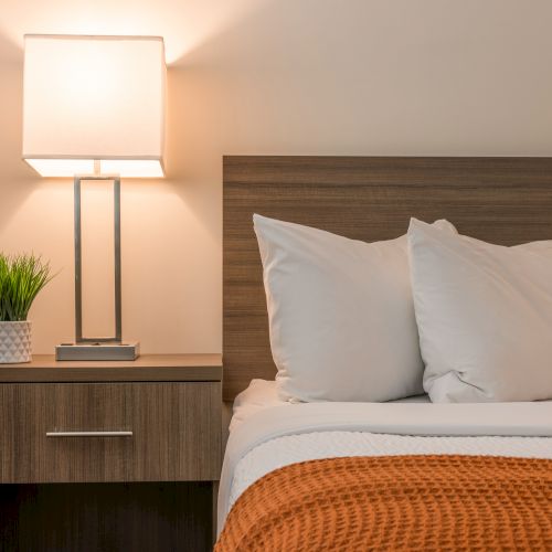 A bedroom with a wooden headboard, white pillows, an orange blanket, a bedside table with a lamp, and a small plant in a white pot.