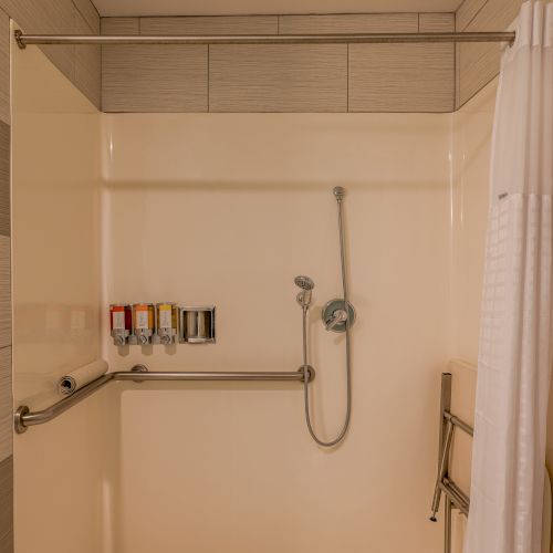 A shower with soap dispensers, a showerhead, a handrail, and a white curtain is visible, portraying an accessible bath setup.