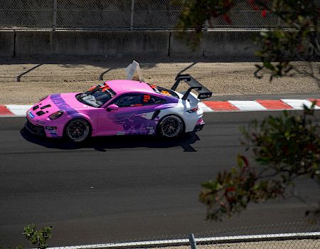 A pink-and-purple race car with the number 33 speeds on a track behind fencing and lane markings, under sunny conditions.